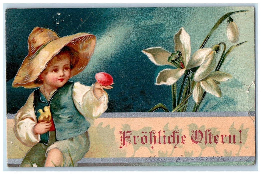 1909 Easter Egg Little Girl Chick Lily Flowers Clapsaddle Detroit MI Postcard
