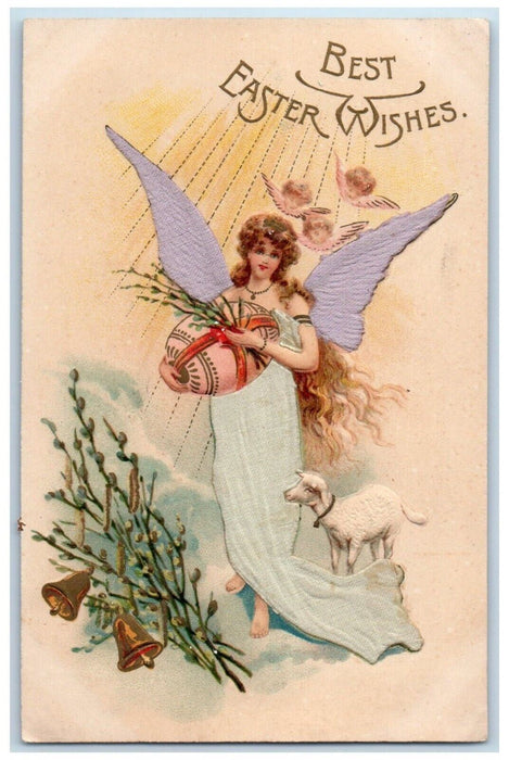 c1910's Easter Wishes Floating Angel Lamb Egg Cattails Bells Embossed Postcard