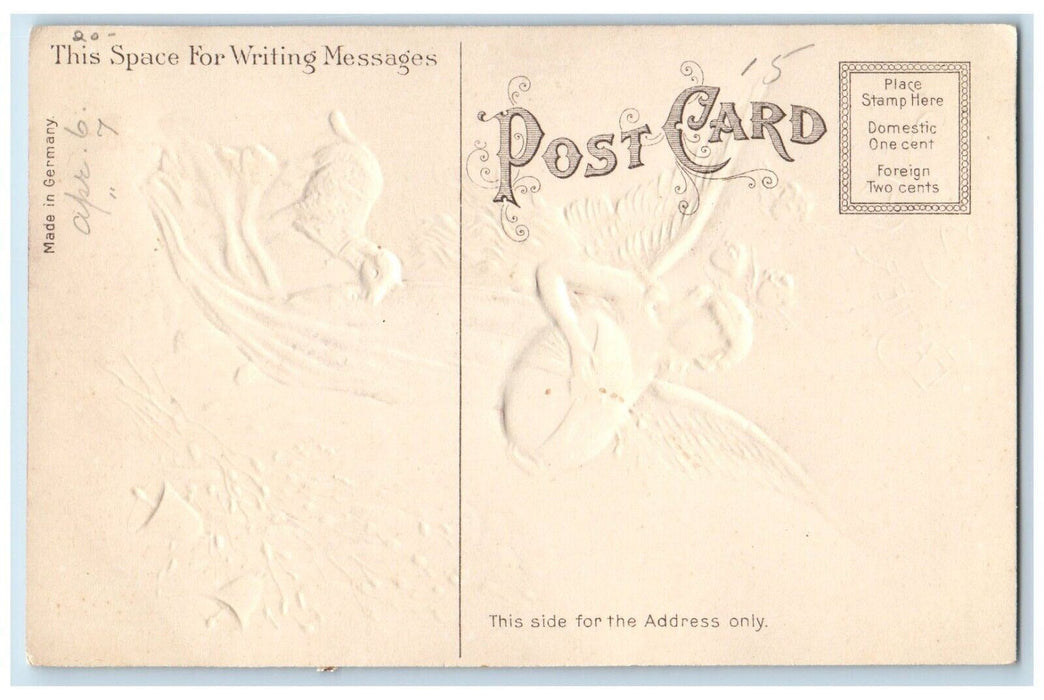 c1910's Easter Wishes Floating Angel Lamb Egg Cattails Bells Embossed Postcard