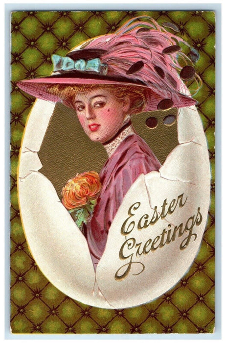 c1910's Easter Greeting Pretty Girl Big Hat Hatched Egg Embossed Postcard