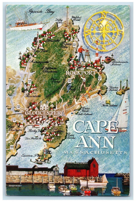 1956 Map Compass Boat Landing Cape Ann Massachusetts MA Vintage Postcard