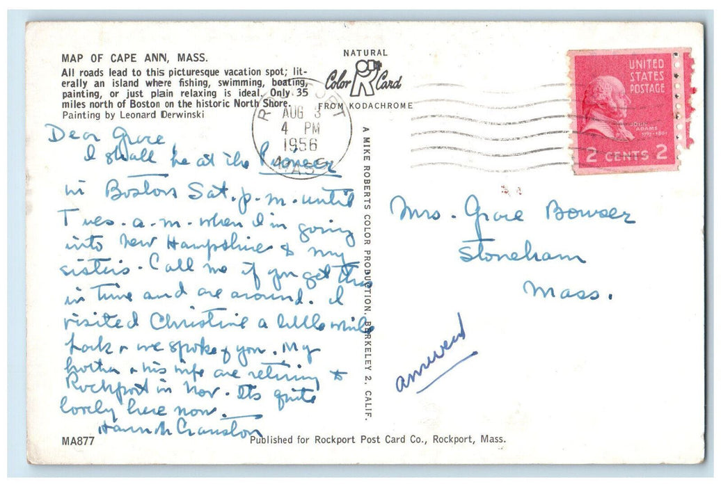 1956 Map Compass Boat Landing Cape Ann Massachusetts MA Vintage Postcard
