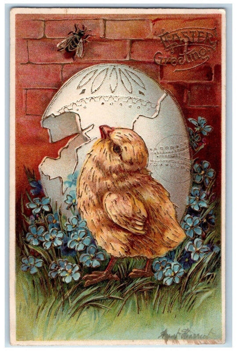 1908 Easter Hatched Egg Chick Pansies Lightning Bug Embossed Antique Postcard
