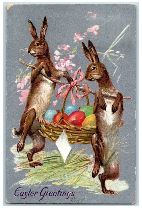 1909 Easter Greetings Anthropomorphic Rabbit Basket Egg Pansies Tuck's Postcard