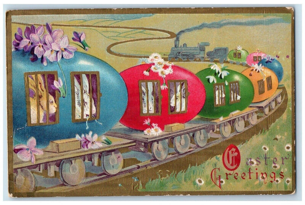 c1910's Easter Greeting Anthropomorphic Rabbits Locomotive Train Posted Postcard