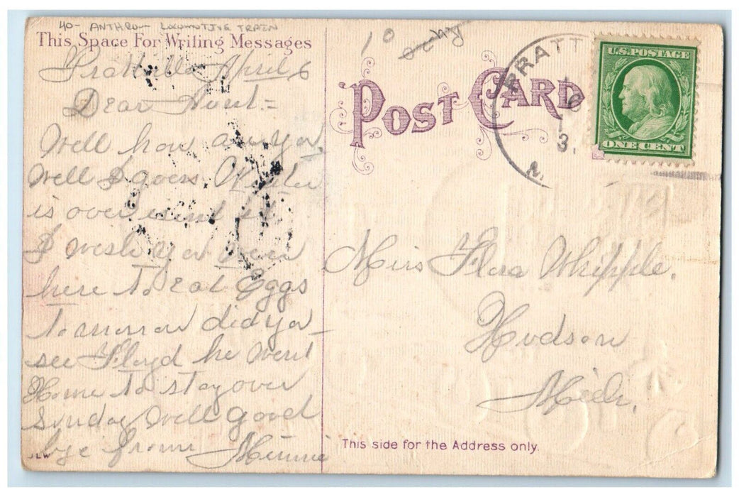 c1910's Easter Greeting Anthropomorphic Rabbits Locomotive Train Posted Postcard