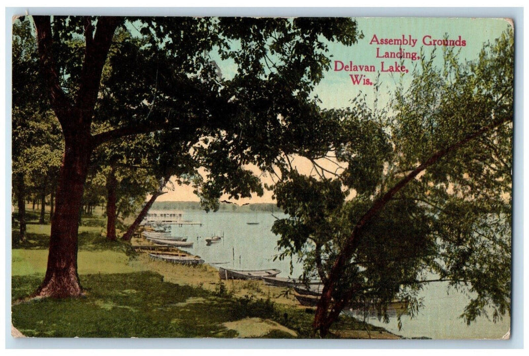 1914 Assembly Grounds Landing Delavan Lake Canoe Boat Port Wisconsin WI Postcard