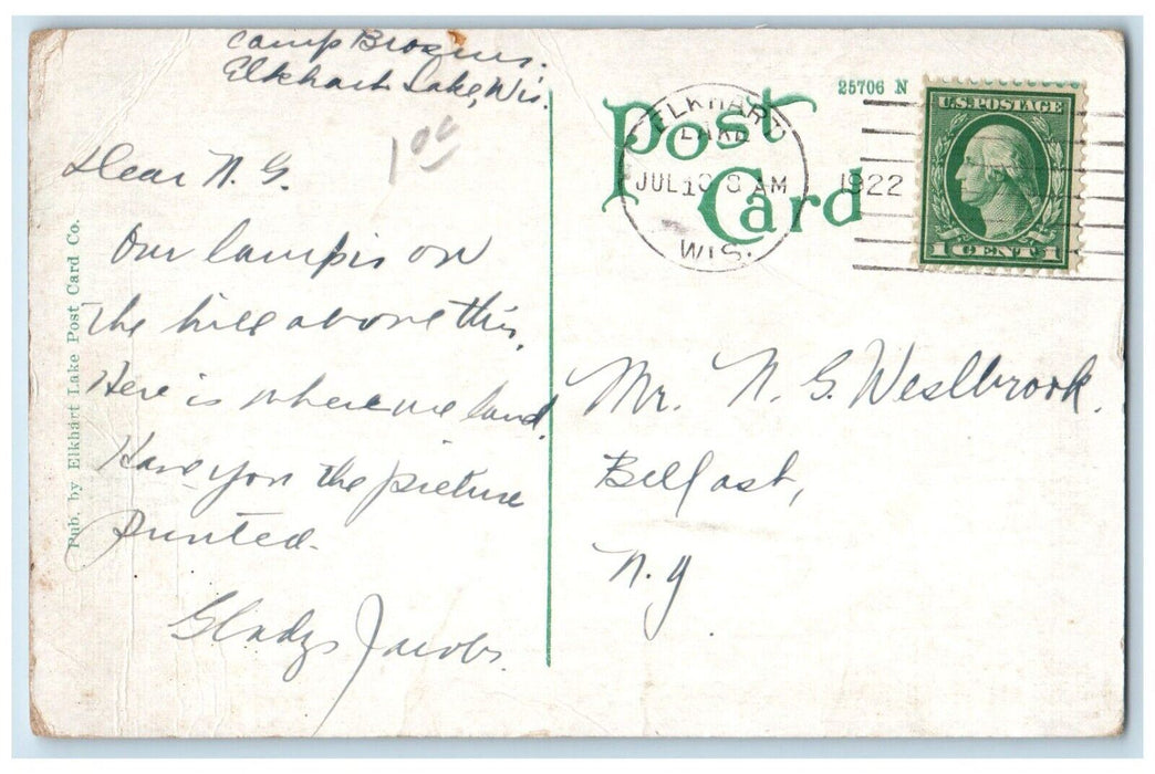1922 Camp Broslus River Lake Canoe Boat Exterior Elkhart Lake Wisconsin Postcard