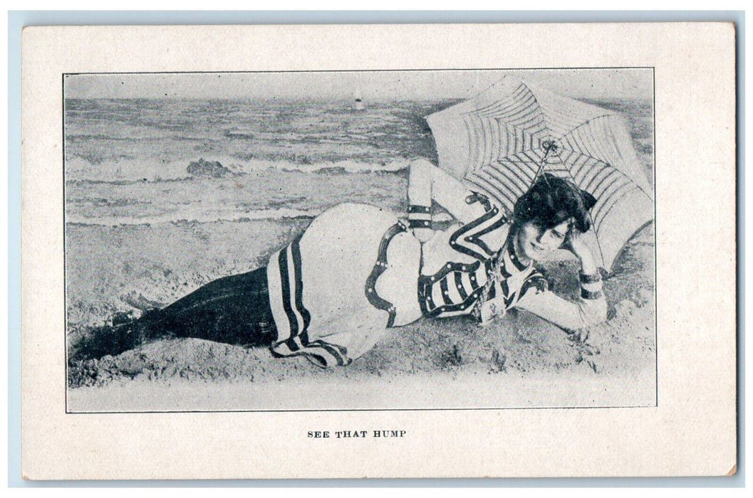 c9105 Pretty Woman At The Beach Umbrella See That Hump Unposted Antique Postcard