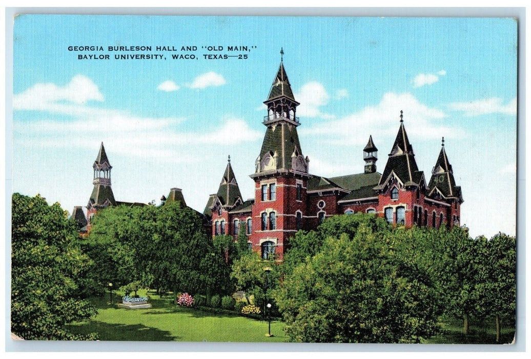 c1950's Georgia Burleson Hall and Old Man Baylor University Waco TX Postcard