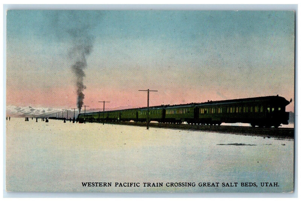 c1910 Western Pacific Train Crossing Great Salt Beds Utah UT Postcard