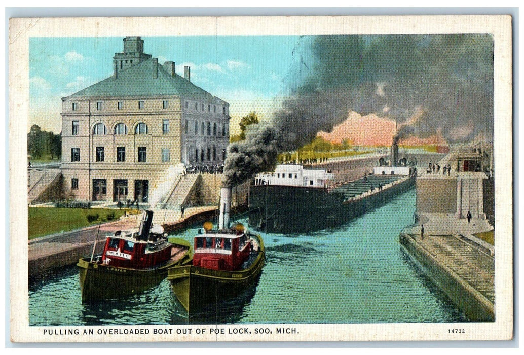 c1920's Pulling An Overloaded Boat Out Of Poe Lock Soo Michigan MI Postcard