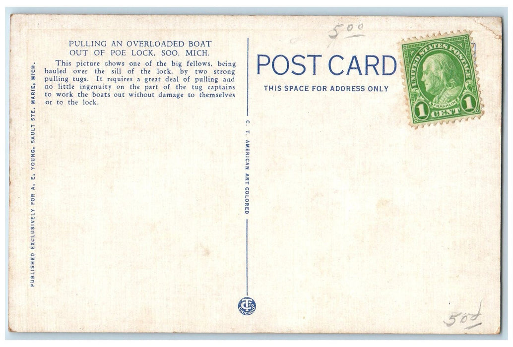 c1920's Pulling An Overloaded Boat Out Of Poe Lock Soo Michigan MI Postcard