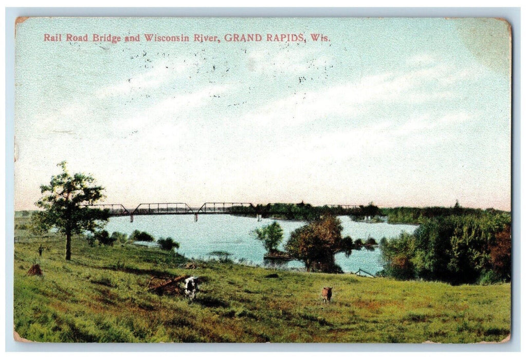 1908 Rail Road Bridge Wisconsin River Cows Field Grand Rapids Wisconsin Postcard