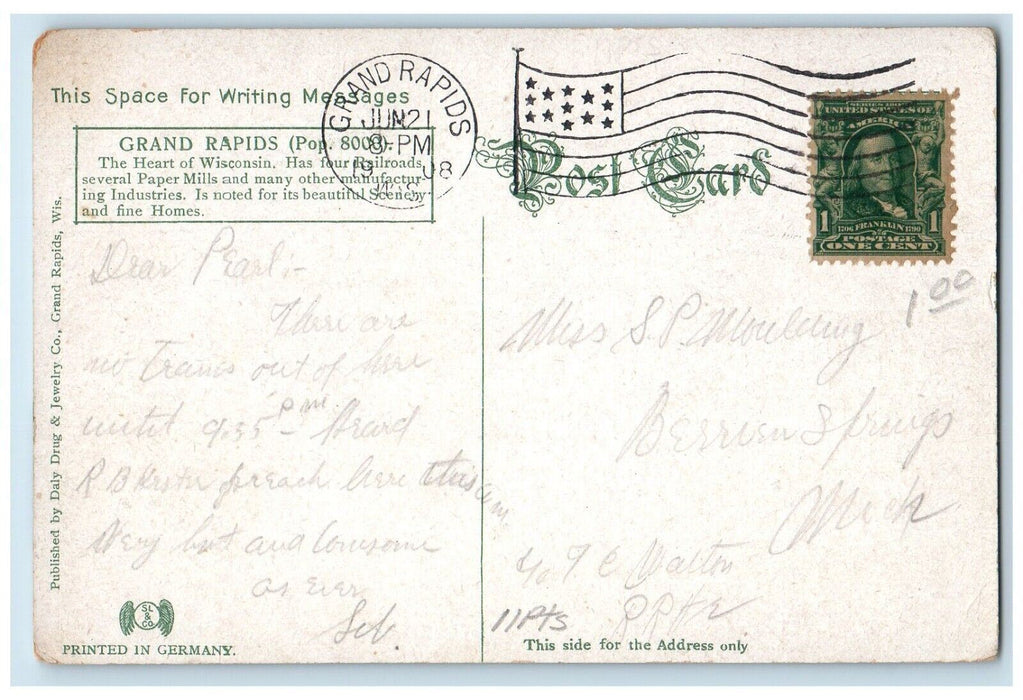 1908 Rail Road Bridge Wisconsin River Cows Field Grand Rapids Wisconsin Postcard