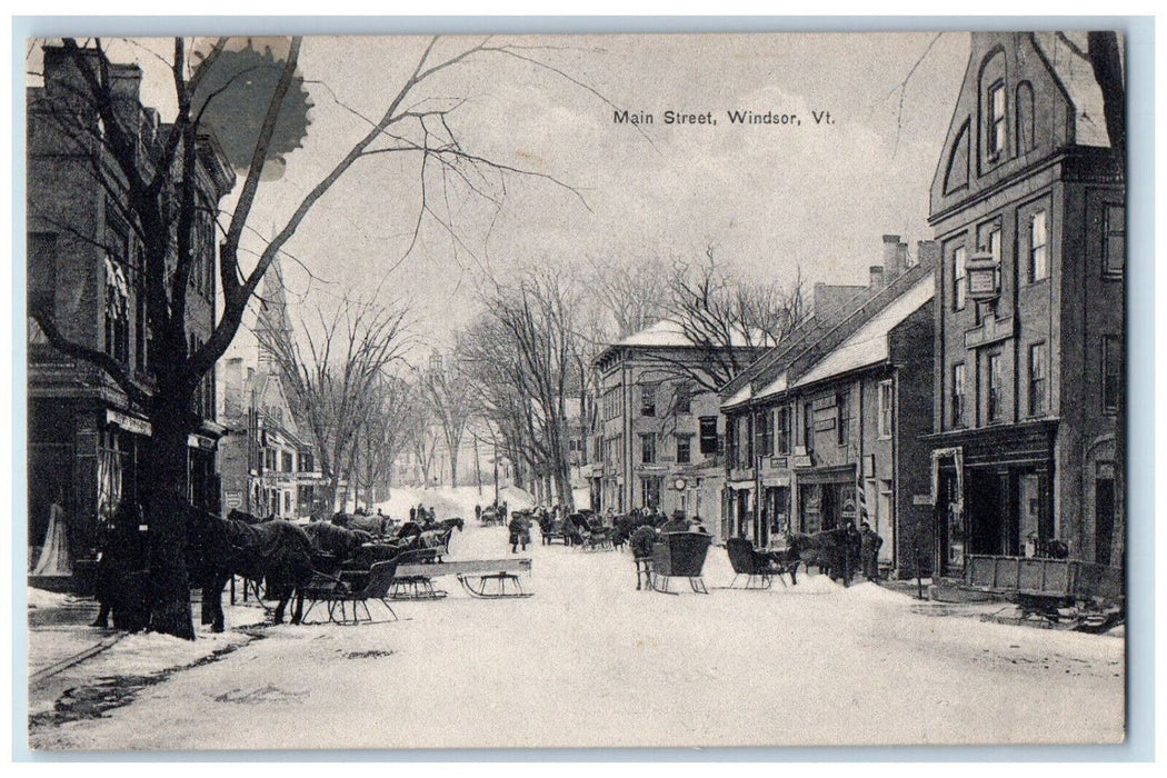 c1910 Horse Sleigh Main Street Windsor Vermont VT The Bookstore Postcard