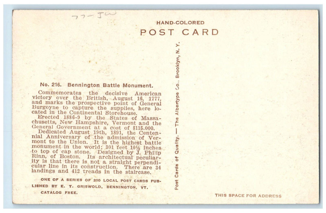 c1950's Battle Monument Bennington On The Hill Vermont VT Handcolored Postcard