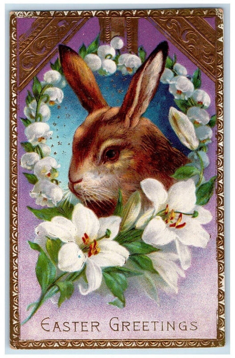 c1910's Easter Greetings Rabbit Lilies Flowers Gel Gold Gilt Embossed Postcard