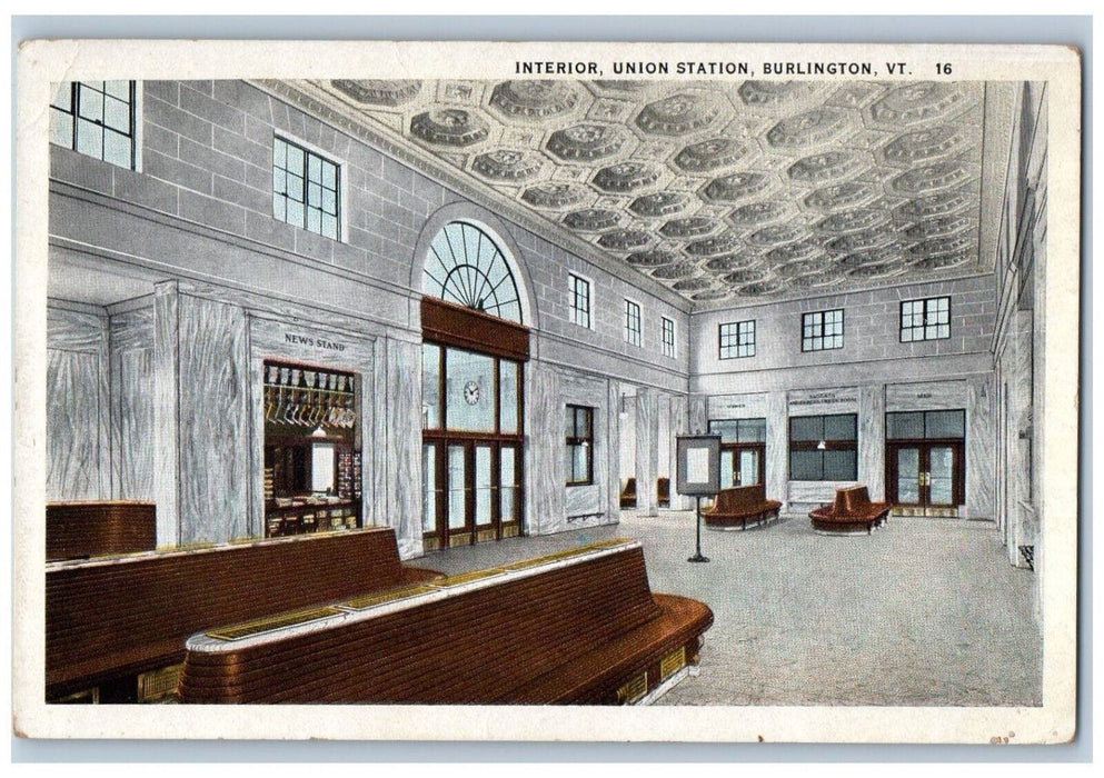 c1920's Interior Union Station Burlington Vermont VT Unposted Postcard