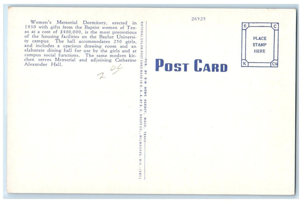 c1950's Women's Memorial Dormitory Baylor University Waco Texas TX Postcard