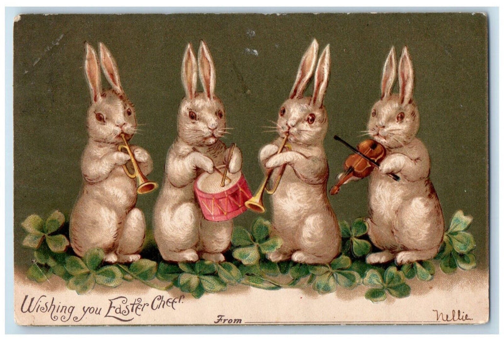 1906 Easter Anthropomorphic Rabbit Band Clover Embossed Posted Antique Postcard