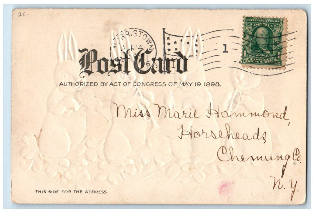1906 Easter Anthropomorphic Rabbit Band Clover Embossed Posted Antique Postcard