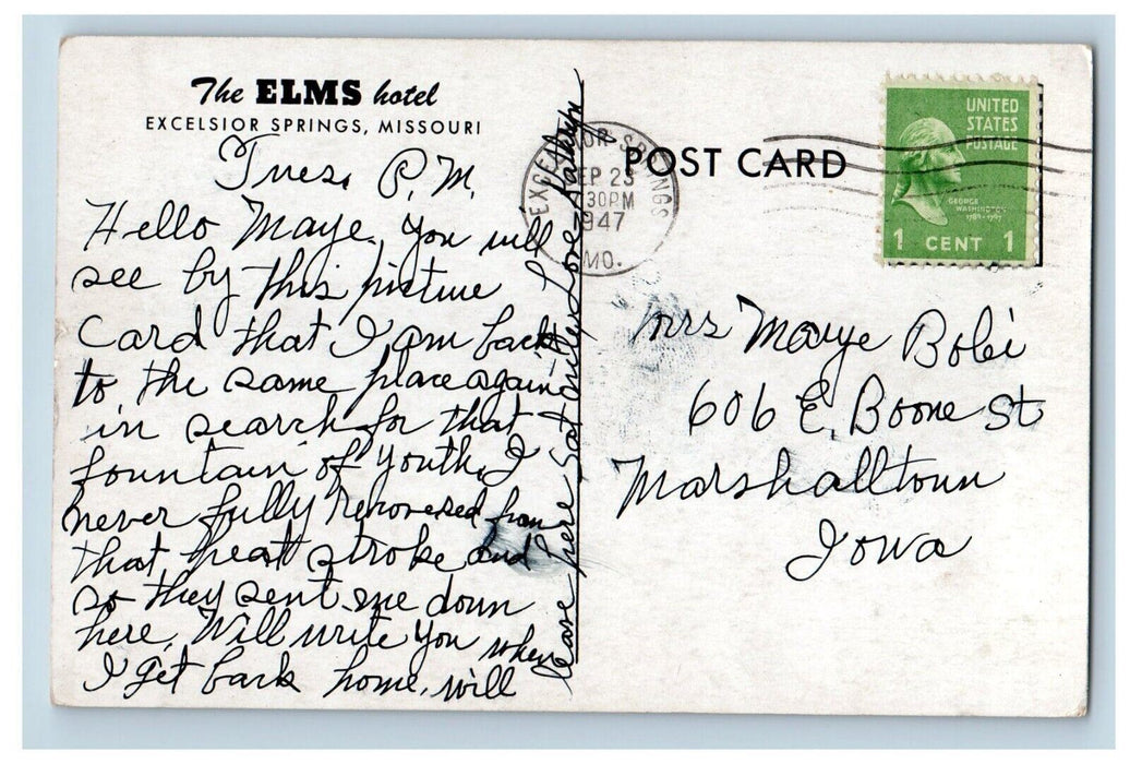 1947 Lake Truman Bordering Elms Hotel Excelsior Springs Missouri MO Postcard