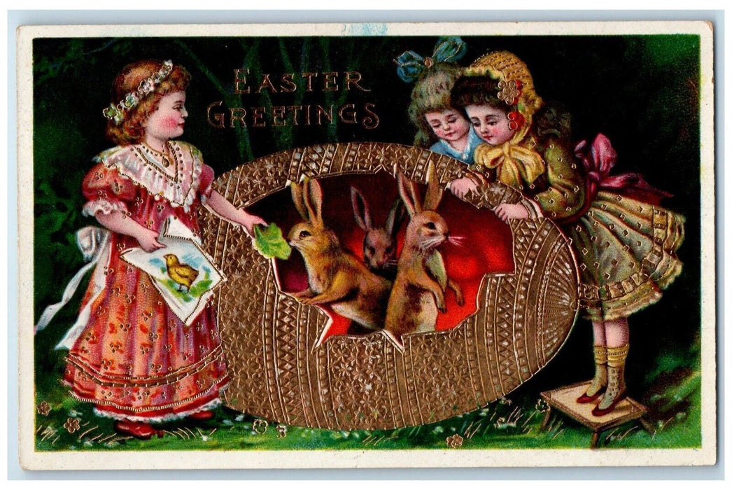 c1910's Easter Greetings Girls Hatched Egg Eating Rabbit Gel Gold Gilt Postcard