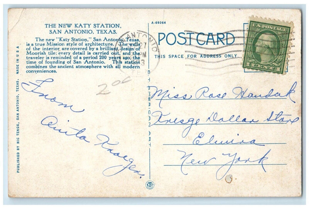 1923 The New "Katy" Station San Antonio Texas TX Vintage Posted Postcard
