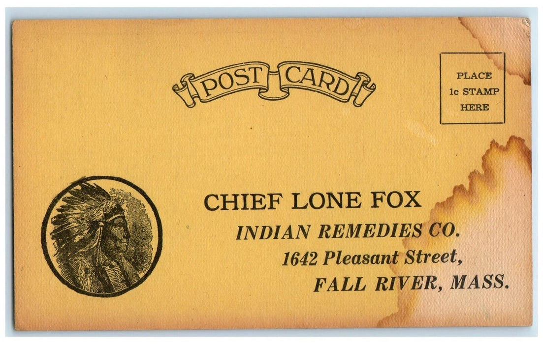 c1905's Indian Remedies Co. Chief Lone Fox Fall River Massachusetts MA Postcard