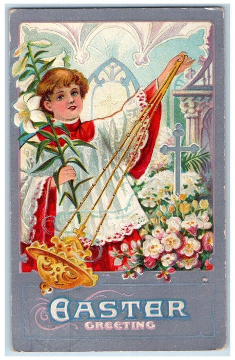 Easter Greetings Cross Church Boy Incense Holding Lilies Flowers Posted Postcard