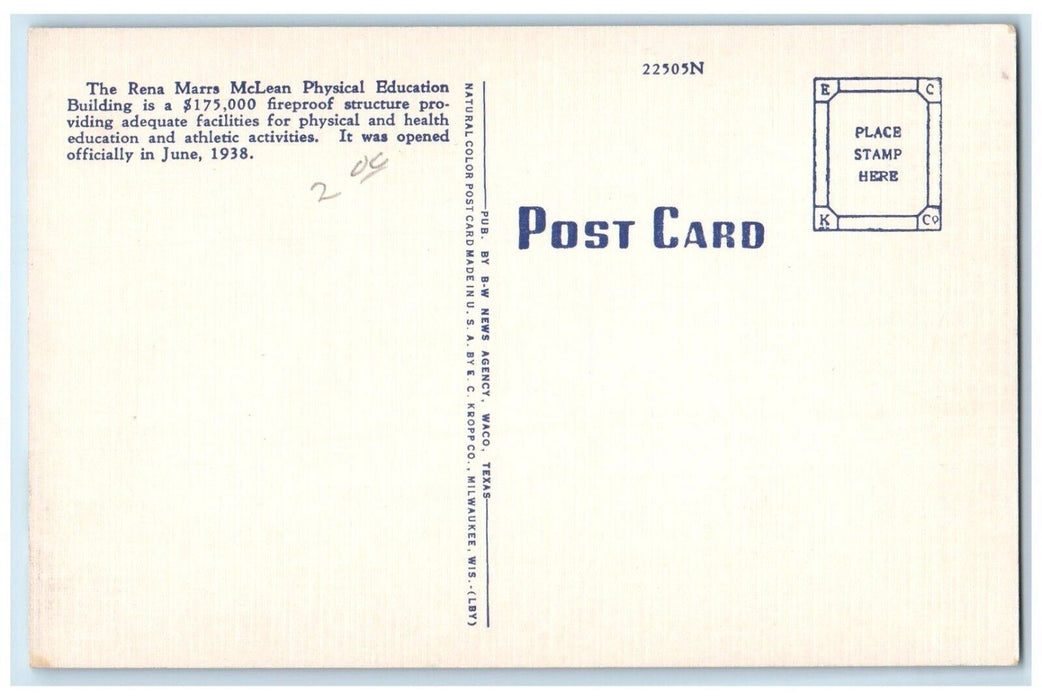 c1950's Rena Mars Mc Lean P.E. Building Baylor University Waco Texas TX Postcard