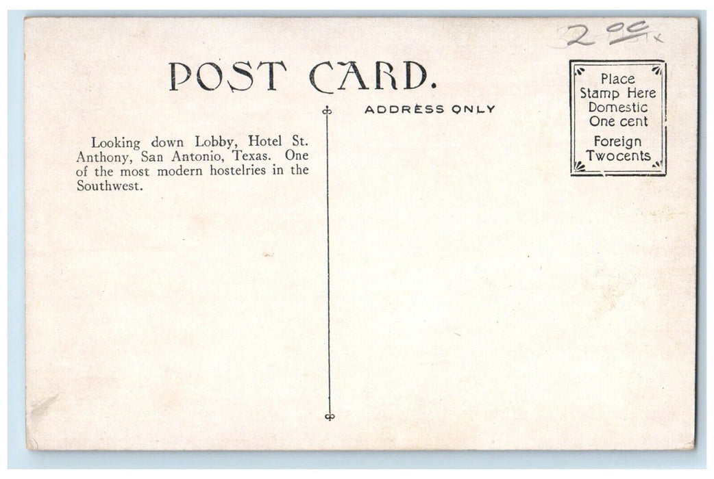 c1910 Lobby Interior St. Anthony San Antonio Texas TX Antique Unposted Postcard