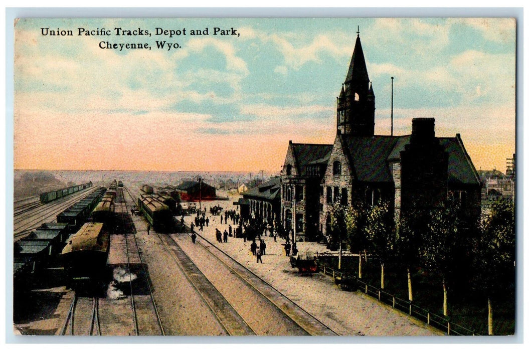 c1950 Union Pacific Tracks  Depot Park Church Train Cheyenne Wyoming WY Postcard