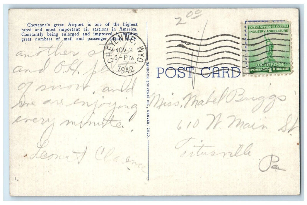 1942 Cheyenne Transcontinental Airport Airplanes Lake Roads Wyoming WY Postcard