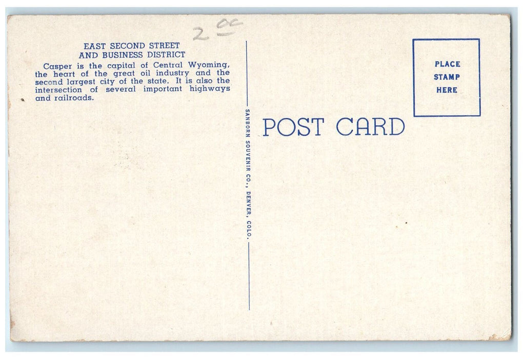 c1950 East Second Street Business District Classic Cars Store Casper WY Postcard