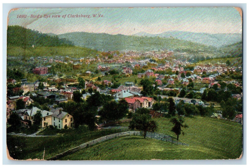 1909 Birds Eye View Clarksburg Trees Houses Virginia Vintage Antique Postcard