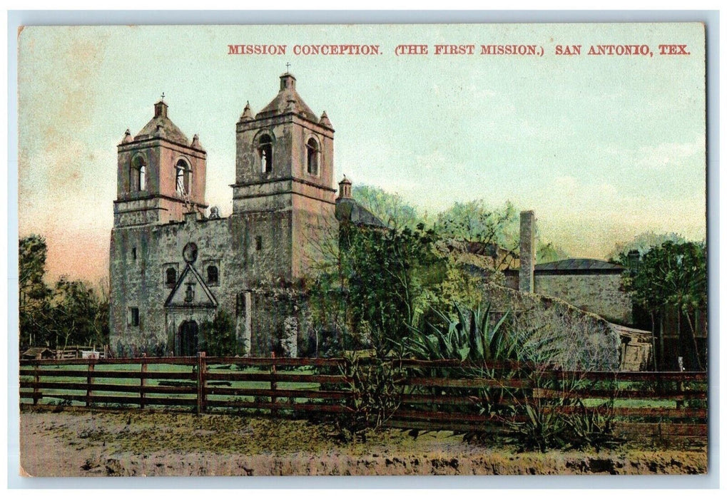 c1910 Mission Conception First Mission San Antonio Texas TX Antique Postcard