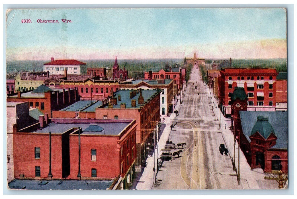 1914 Street Railroad Buildings Dirt Road Horse Carriage Cheyenne WY Postcard