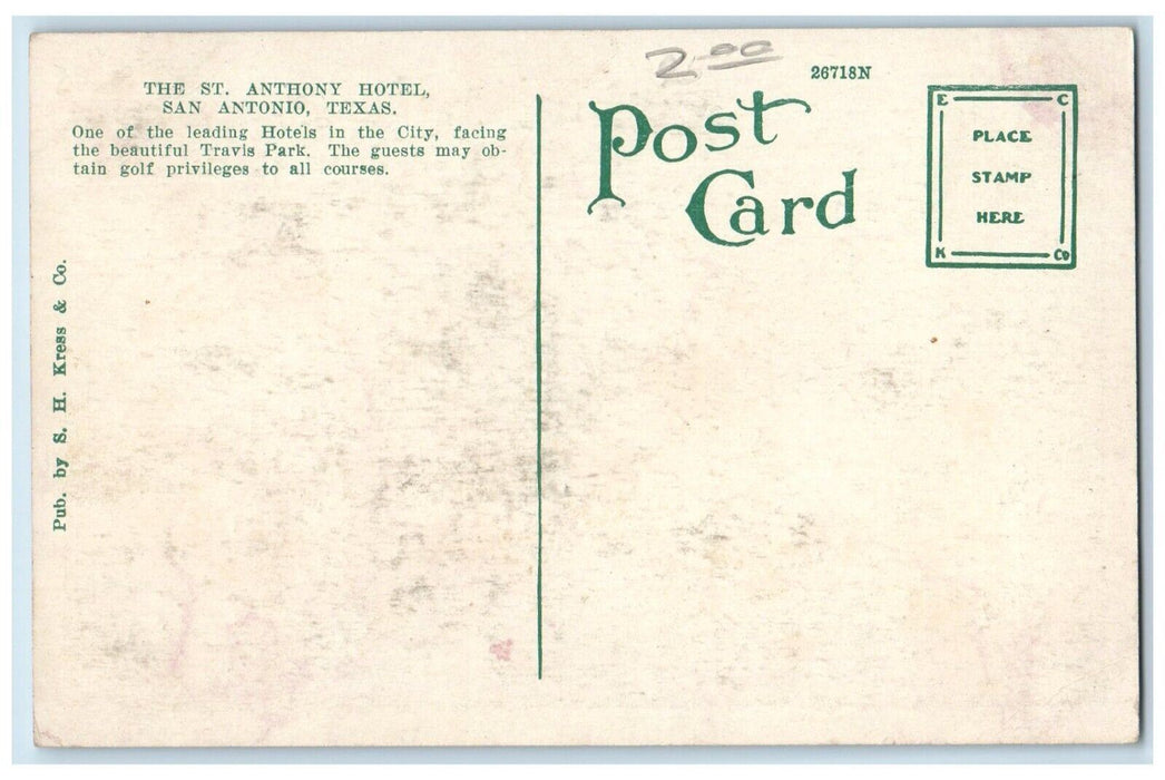 c1920's Hotel St. Anthony San Antonio Texas TX Antique Unposted Postcard