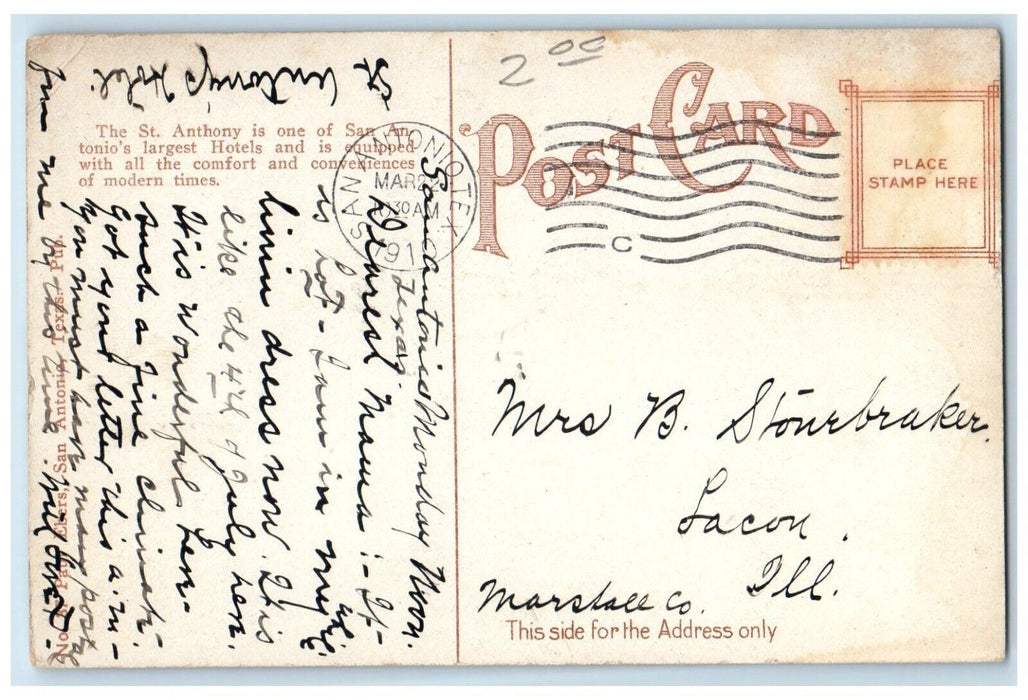 1910 Modern St. Anthony Hotel San Antonio Texas TX Antique Posted Postcard