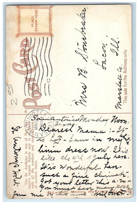 1910 Modern St. Anthony Hotel San Antonio Texas TX Antique Posted Postcard