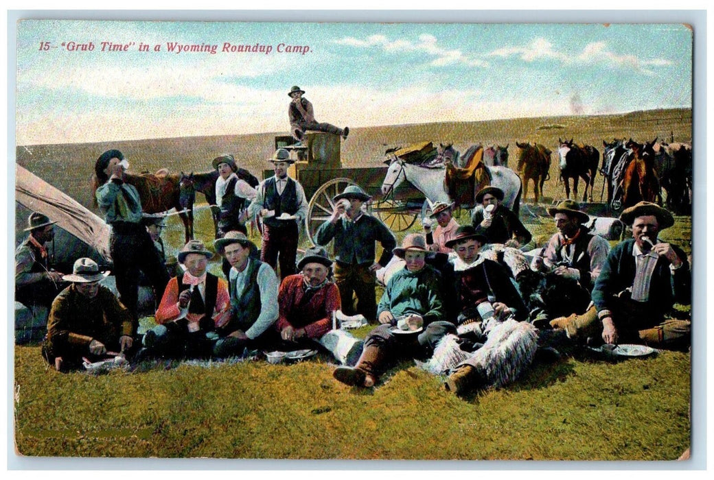 c1950 Grub Time In Wyoming Roundup Camp Horses Wagon Campers Tent WY Postcard