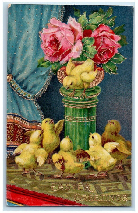 c1910's Easter Greetings Chicks Flower Vase Gel Gold Gilt Embossed Postcard