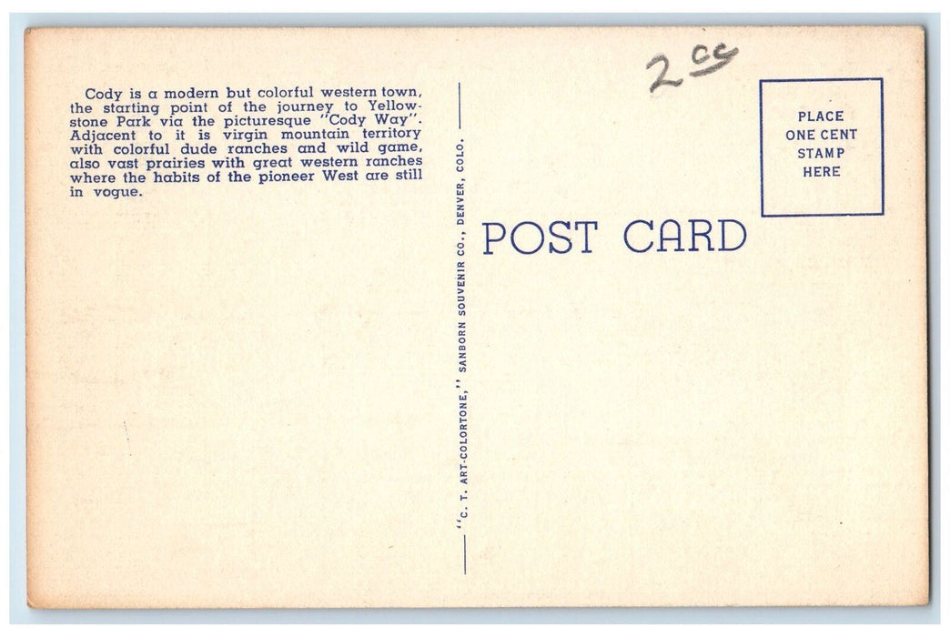 c1940 Main Street Business District Classic Cars Parked Cody Wyoming WY Postcard