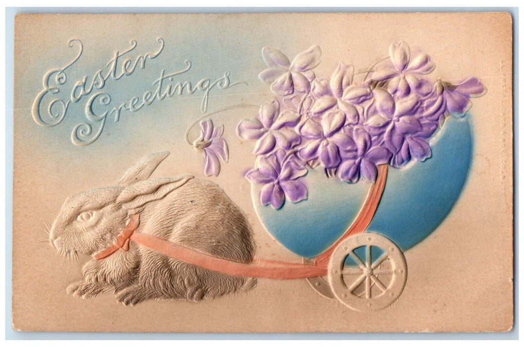 Easter Greetings Rabbit Pulling Cart Hatched Egg Flowers Airbrushed Postcard