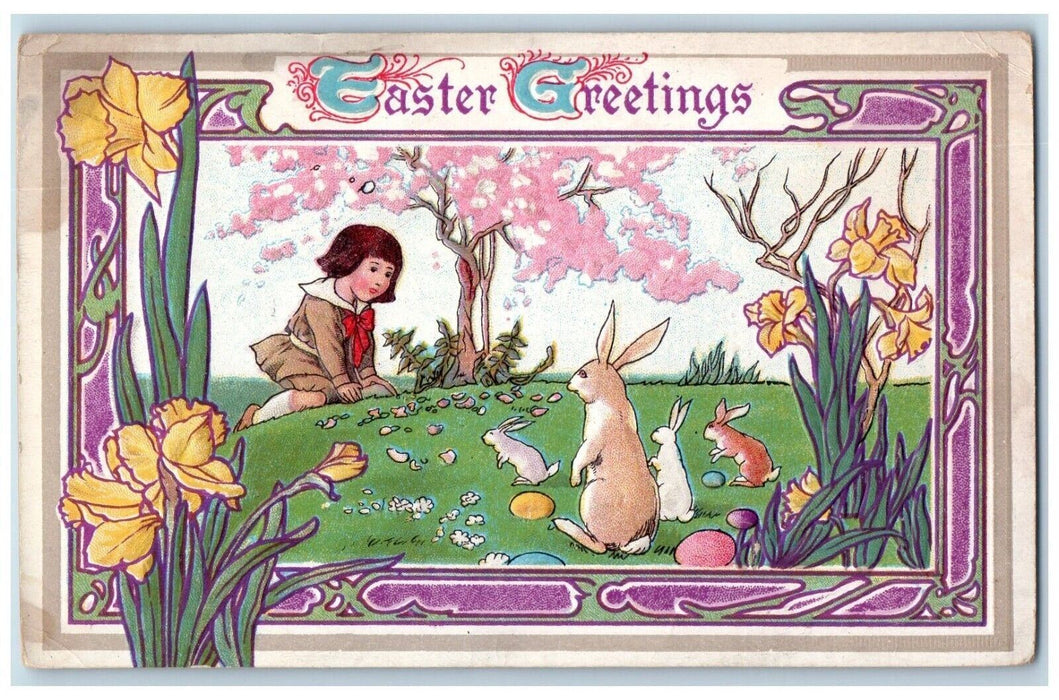 c1910's Easter Greetings Art Deco Girl Bunny Rabbit Eggs Embossed Postcard