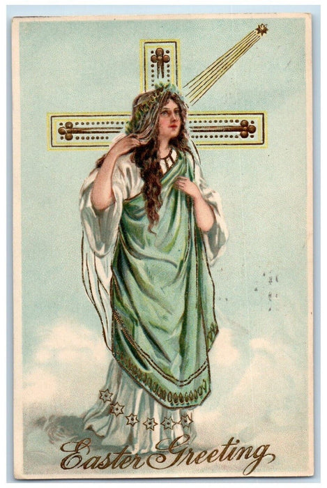 1908 Easter Greeting Holy Cross Girl Embossed Elmira New York NY Posted Postcard