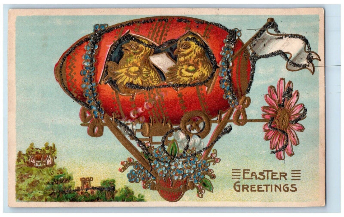 Easter Greetings Blimp Dirigible Anthropomorphic Egg Flowers Glitter Postcard