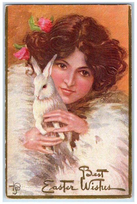 1910 Easter Wishes Pretty Girl Bunny Rabbit Flowers Embossed Antique Postcard